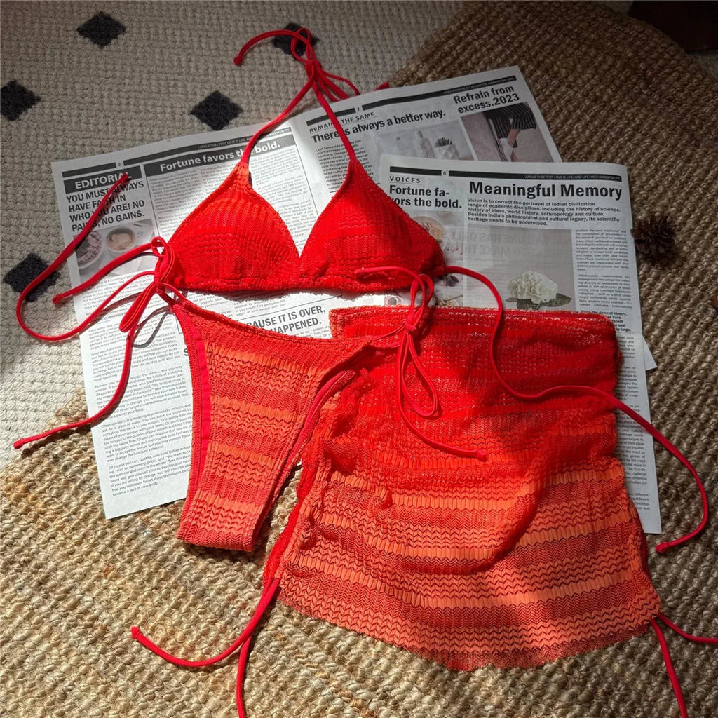 Pink 3PC With Skirt Gradient Bikini Women Swimwear Female Swimsuit Three-Pieces Bikini Set Padded Bather Bathing Suit Swim V6696