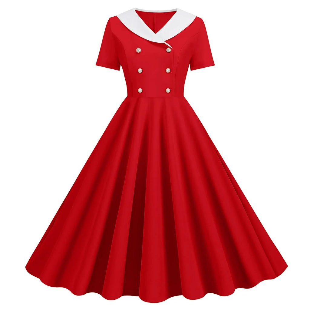 1950s Vintage 50s A-Line Evening Dress Short Sleeves V Neck Button High Waist Dresses Women's Prom Party Midi Dress Vestidos