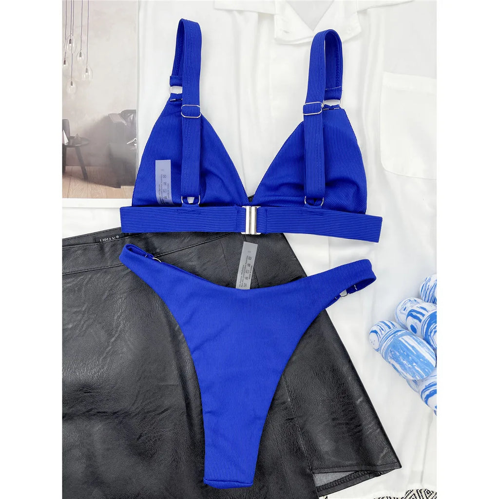Sexy High Leg Cut Ribbed Bikini Women Swimwear Female Swimsuit Two-Pieces Bikini Set Padded Bather Bathing Suit Swim Lady V3255
