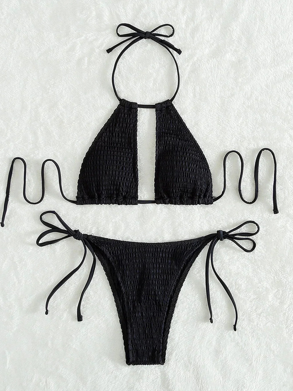 2025 Halter Tie Side Hollow Out Smocked Bikini Women Swimsuit Female Swimwear Two Pieces Bikini Set Swim Bathing Suit Beach Wear