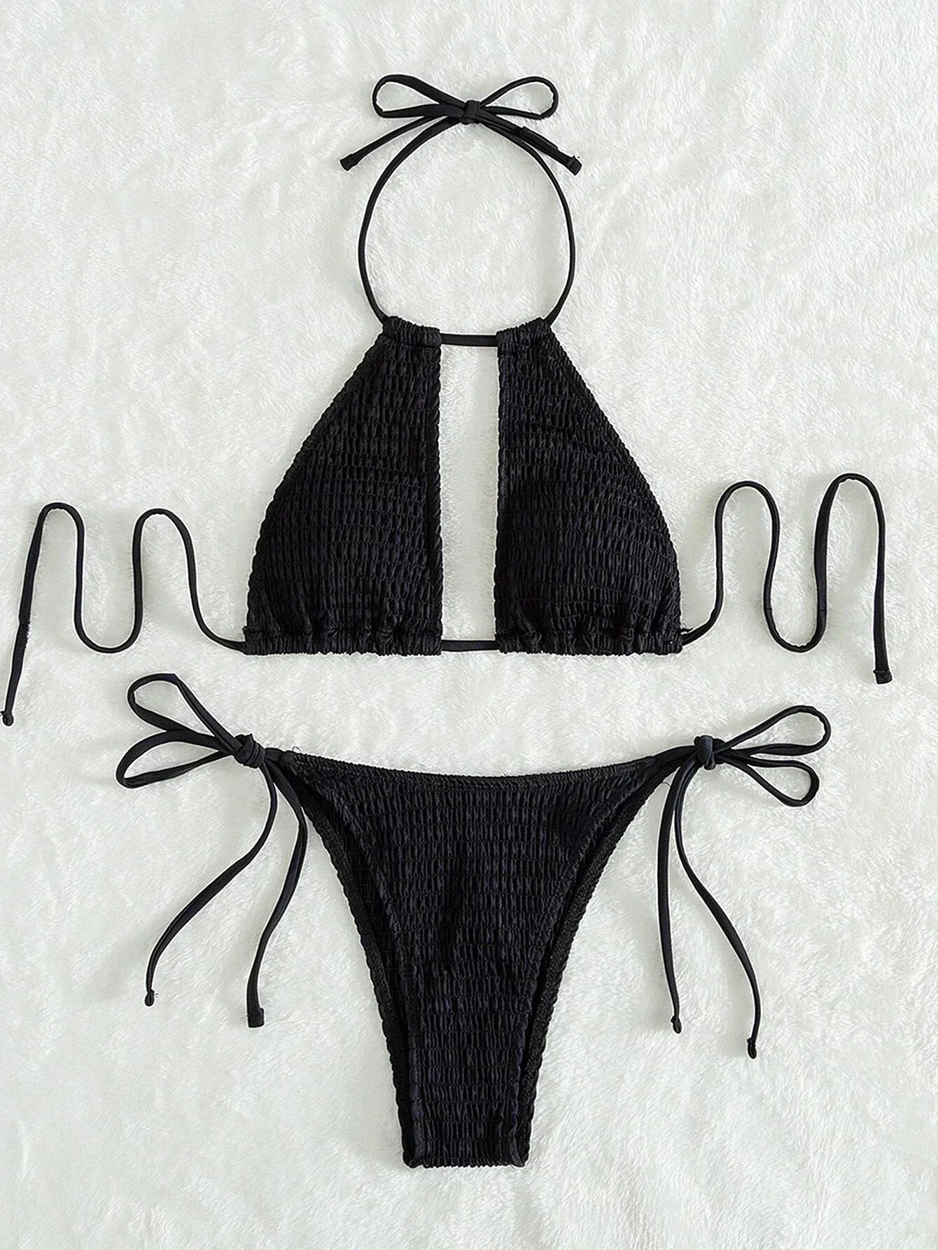 2025 Halter Tie Side Hollow Out Smocked Bikini Women Swimsuit Female Swimwear Two Pieces Bikini Set Swim Bathing Suit Beach Wear