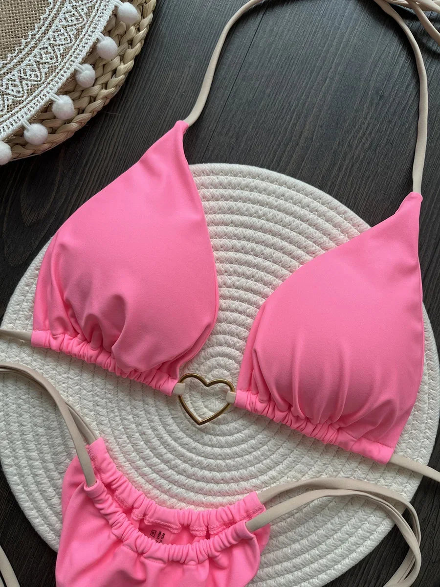 Metal Heart-shaped Halter Brazilian Bikini Female Swimsuit Women Thong Swimwear Two-pieces Bikini Set Bather Bathing Suit Swim