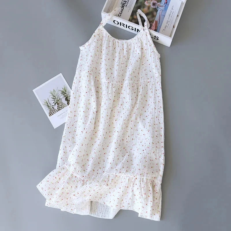 Women's 100% Cotton Crepe Gauze Nightgown Floral Sleeveless Spaghetti Strap Knee-Length Summer Home Sleep Dress M-XL