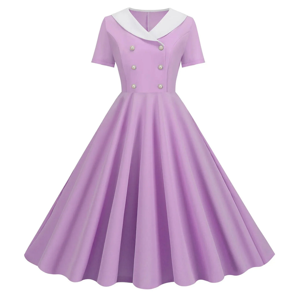 1950s Vintage 50s A-Line Evening Dress Short Sleeves V Neck Button High Waist Dresses Women's Prom Party Midi Dress Vestidos