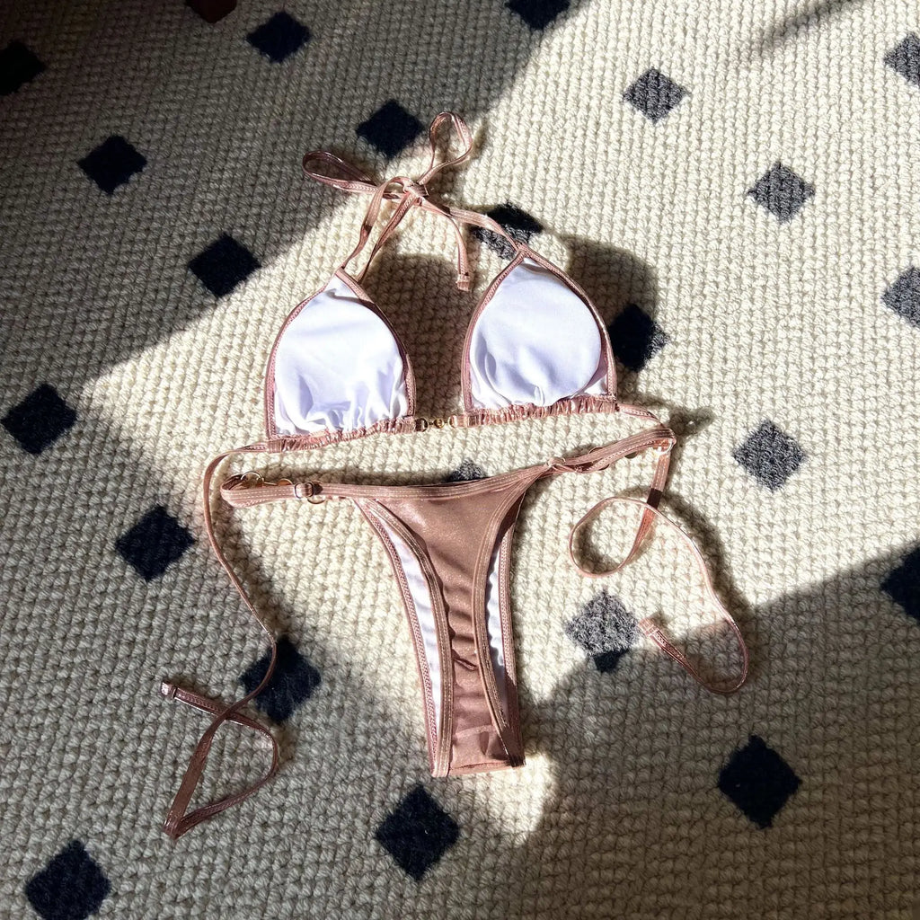 Shiny Pink Micro Bikini 2026 Mujer Women Sexy PU Pearls Push Up Thong Swimsuit Summer Bathing Suit Bandage Holiday Swimwear