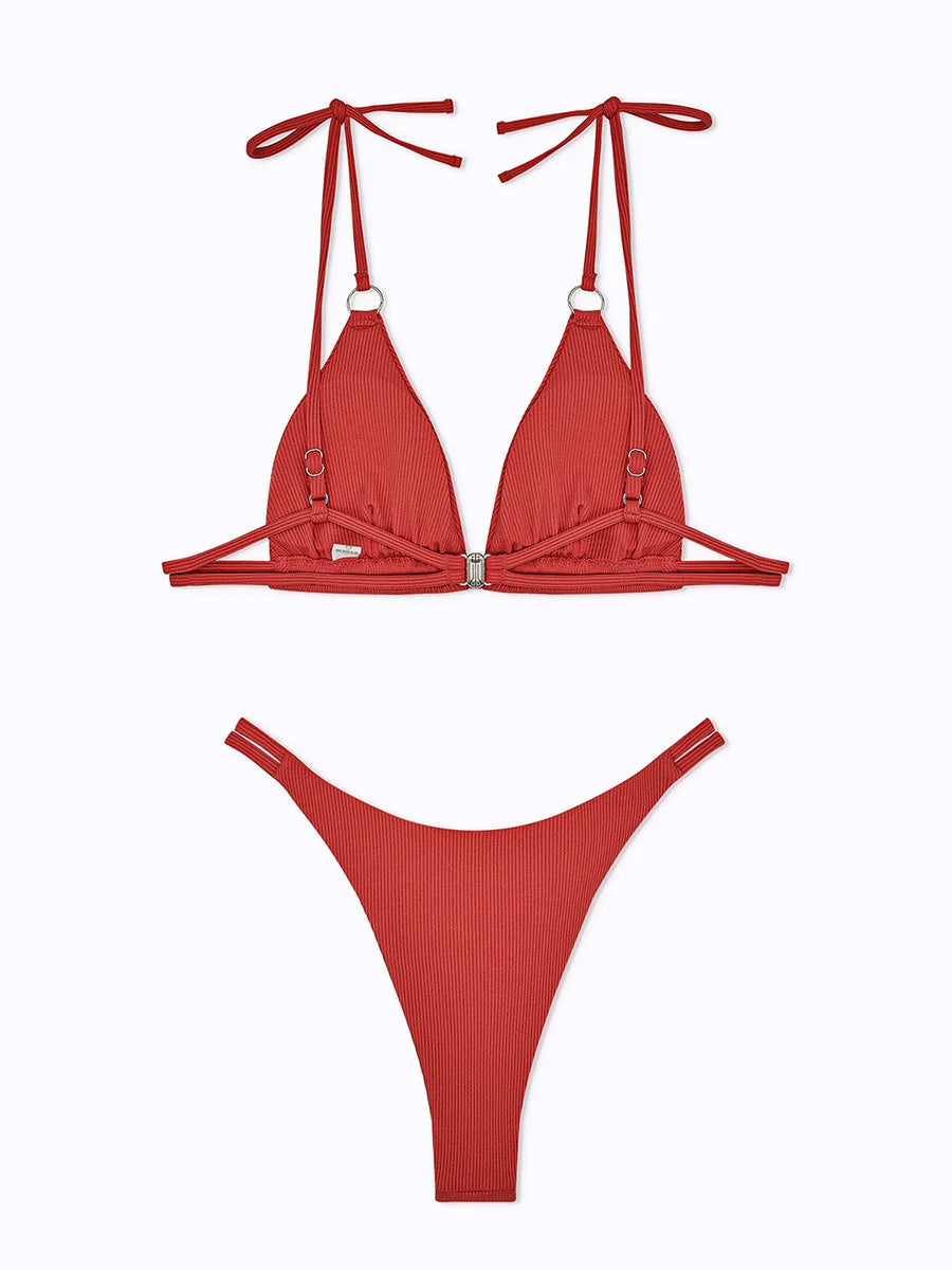 Ring Link Bikini 2025 Solid Sexy Swimsuit Women Padded Swimwear Female Bathers Bathing Swimming Swim Suit Beachwear