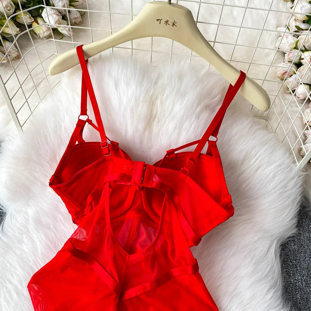 MOYISU Sexy Instagram Viral Bodysuit Women Pure & Sexy Sheer Mesh Halter Push Up Pads Summer Lingerie Euro Style Hot Sale SG