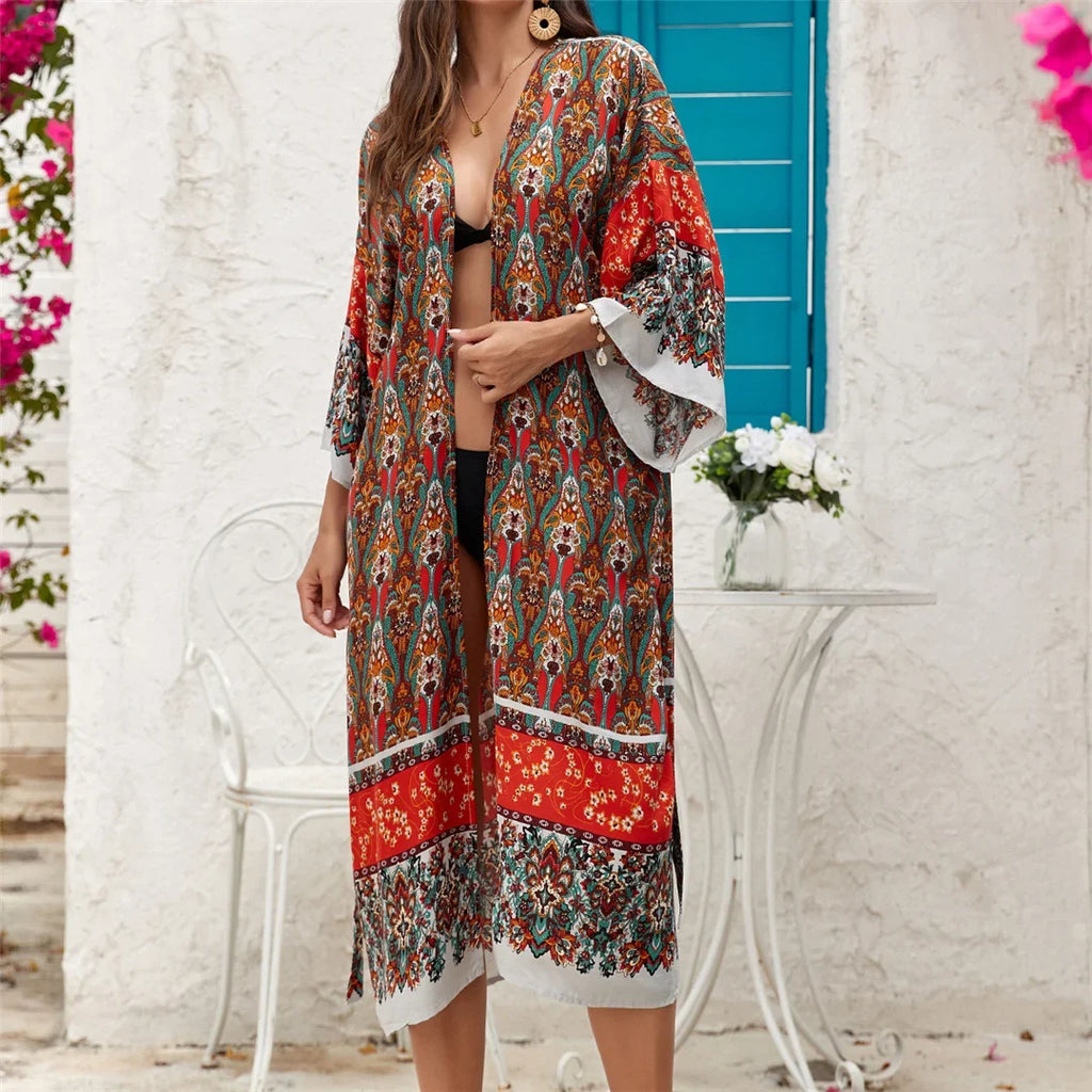 Printed Long Sleeve Crochet Knitted Cardigan Tunic Beach Cover Up Cover-ups Beach Dress Beach Wear Beachwear Female Women K7203