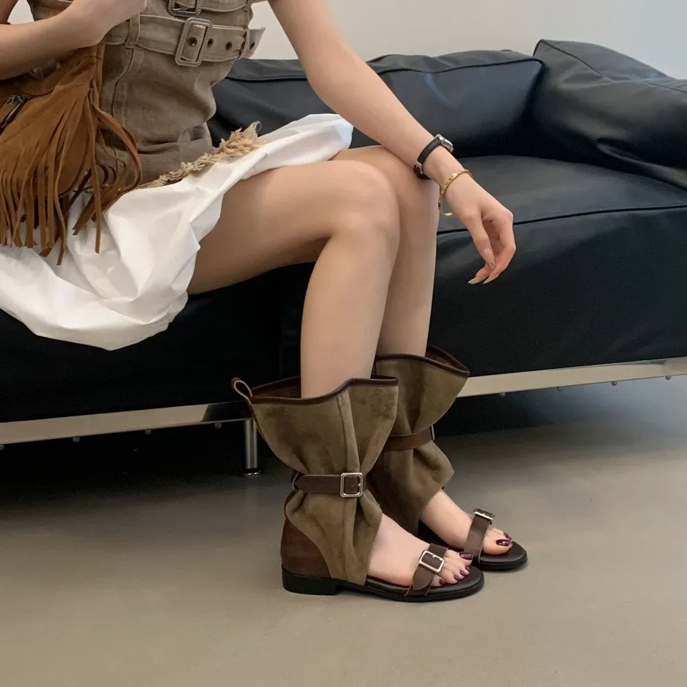 Roman Ankle Cool Boots Sandals Women's Korean Comfortable Gladiator Punk Round Head Hollow Sandals Girls Beach Dress Shoes