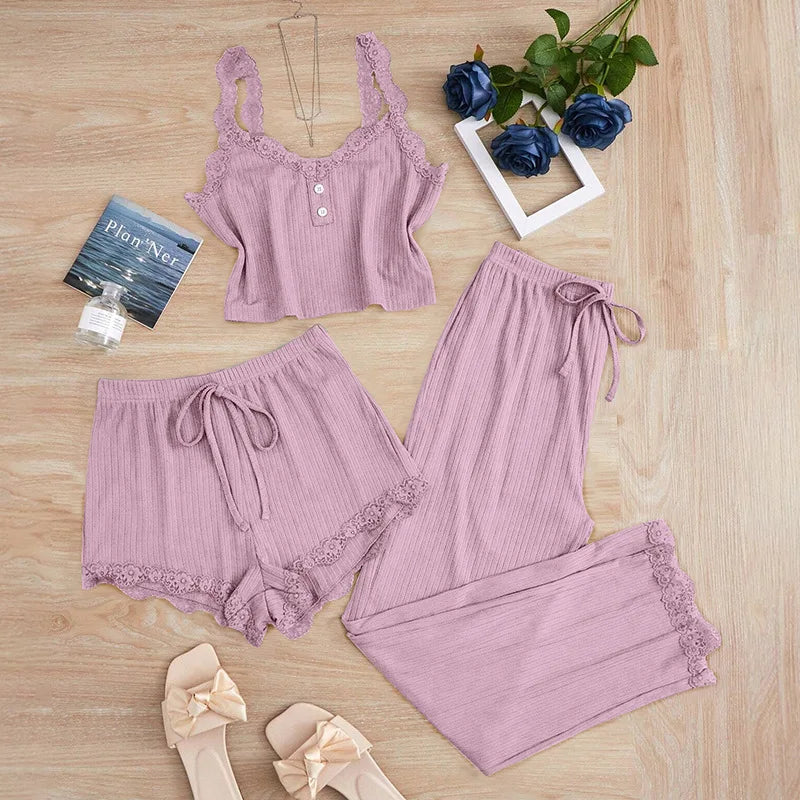 3PCS Pajamas Set for Women Sleepwear Solid Vest Shorts and Pants Paired with Lace Splicing for Homewear Loungewear