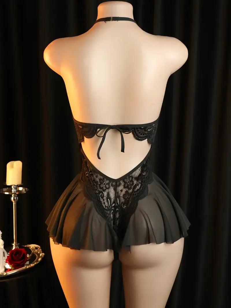 Women's Lingerie Sexy Lace Flower Print Semi Transparent Deep V-neck Hanging Neck Unobstructed Adult Style One-piece Dress