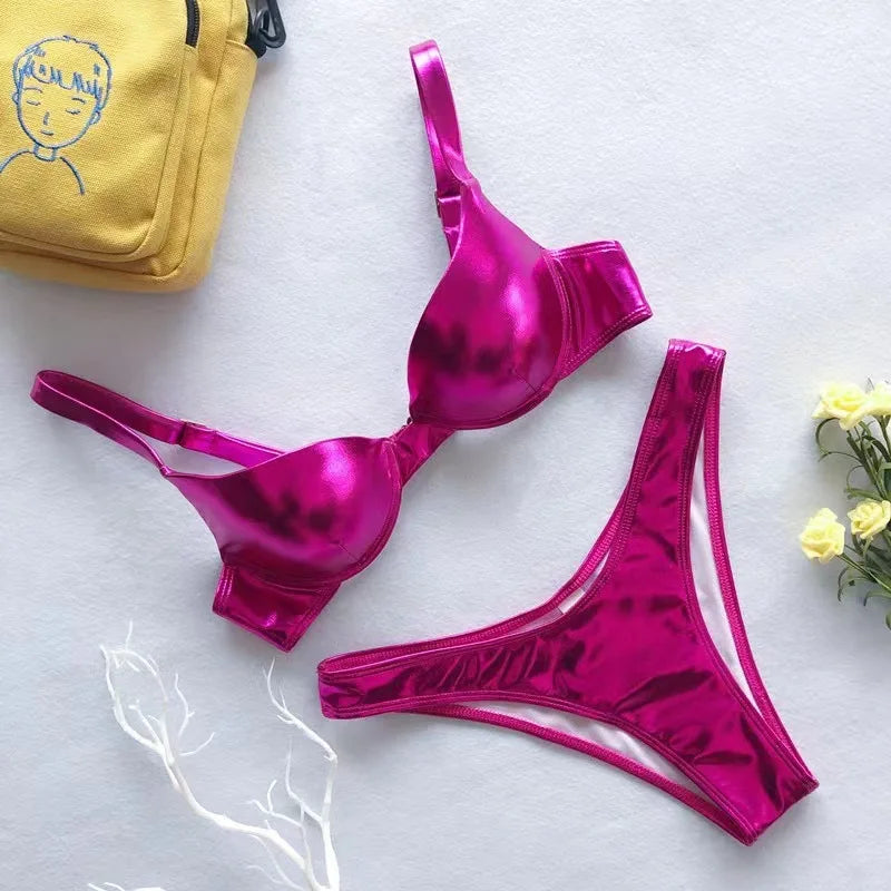 Sexy Metallic Push Up Micro Bikinis Sets Padded Bra Bathing Suit Beach Wear Women Sexy Thong Bikini Reflective Shiny Swimsuits