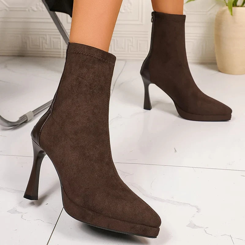 Sexy Pointed Toe Thin High Heels Boots Women Fashion Back Zipper Platform Ankle Boots Woman Super High Heeled Short Booties 42