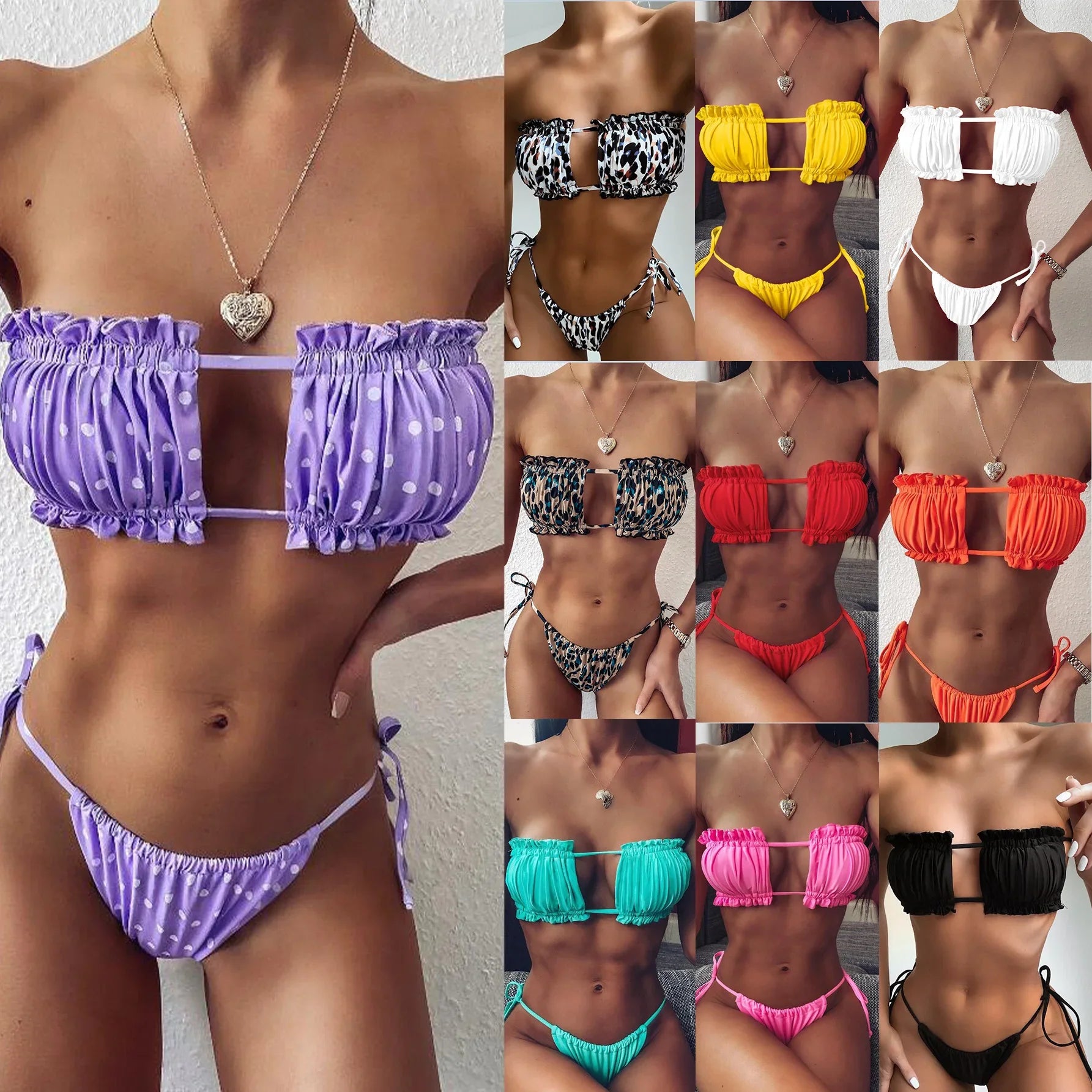 12 Colors Sexy Bikini Bandeau Women Pleated Hollow Swimsuit Swimwear Female Mini Thong Bikinis Set Bathing Suit Bikini Brasileno