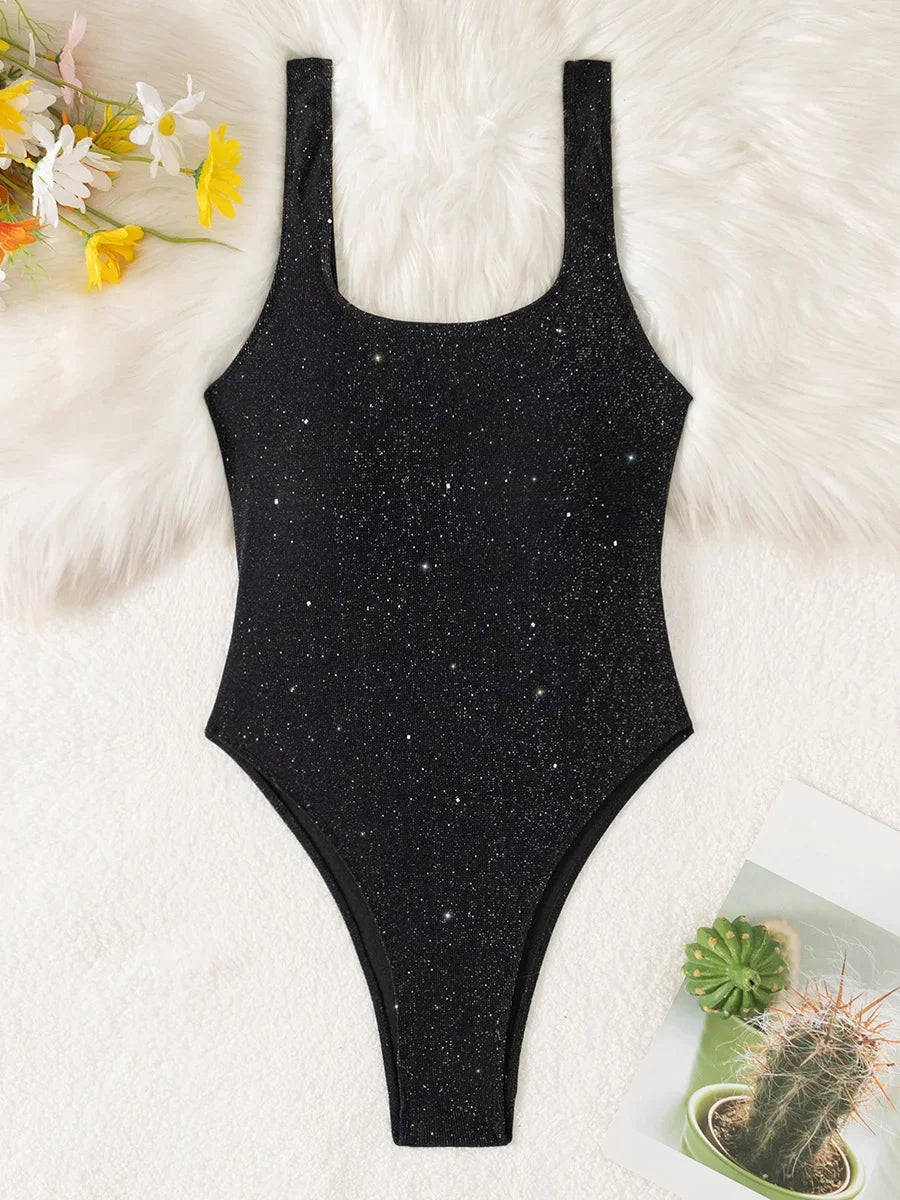 Glitter Sparkling Cut Out Backless One Piece Swimsuit Women Swimwear Female High Cut Leg Bather Bathing Suit Swim Lady Beachwear