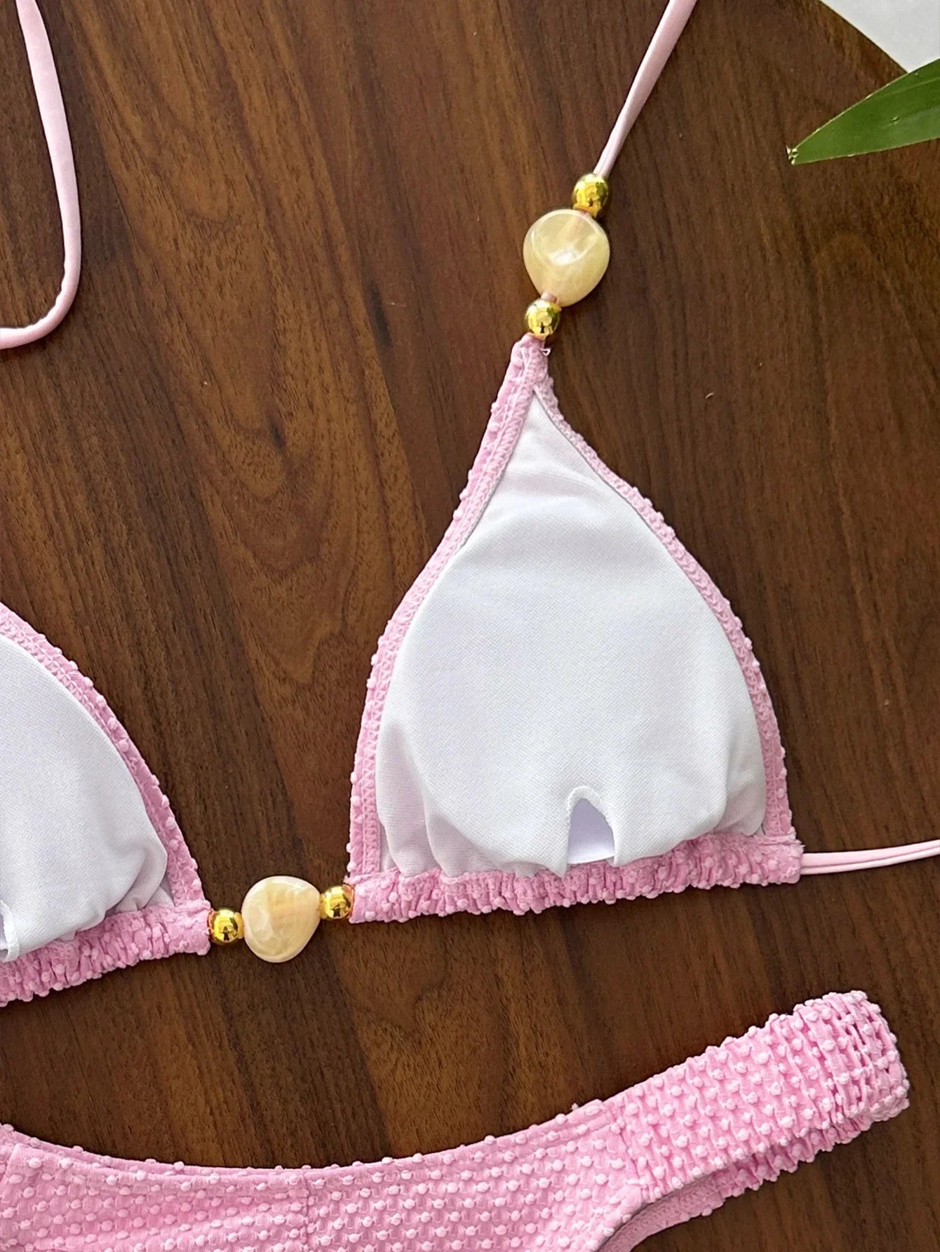 Wrinkled Crinkled Halter Beads Bikini Female Swimsuit Women Swimwear Two-pieces Bikini Set Brazilian Bather Bathing Suit Swim