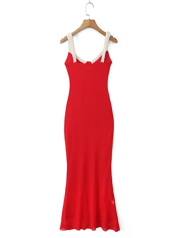 V Neck Spaghetti Strap Red Party Women's Dress Flower Decor Elegant Sleeveless Bodycon Maxi Vestidos 2025 Beach Casual Long Robe