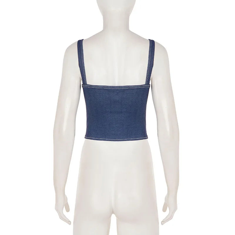 2026 Street style stretch imitation denim camisole V-neck slim fit versatile hot girl top