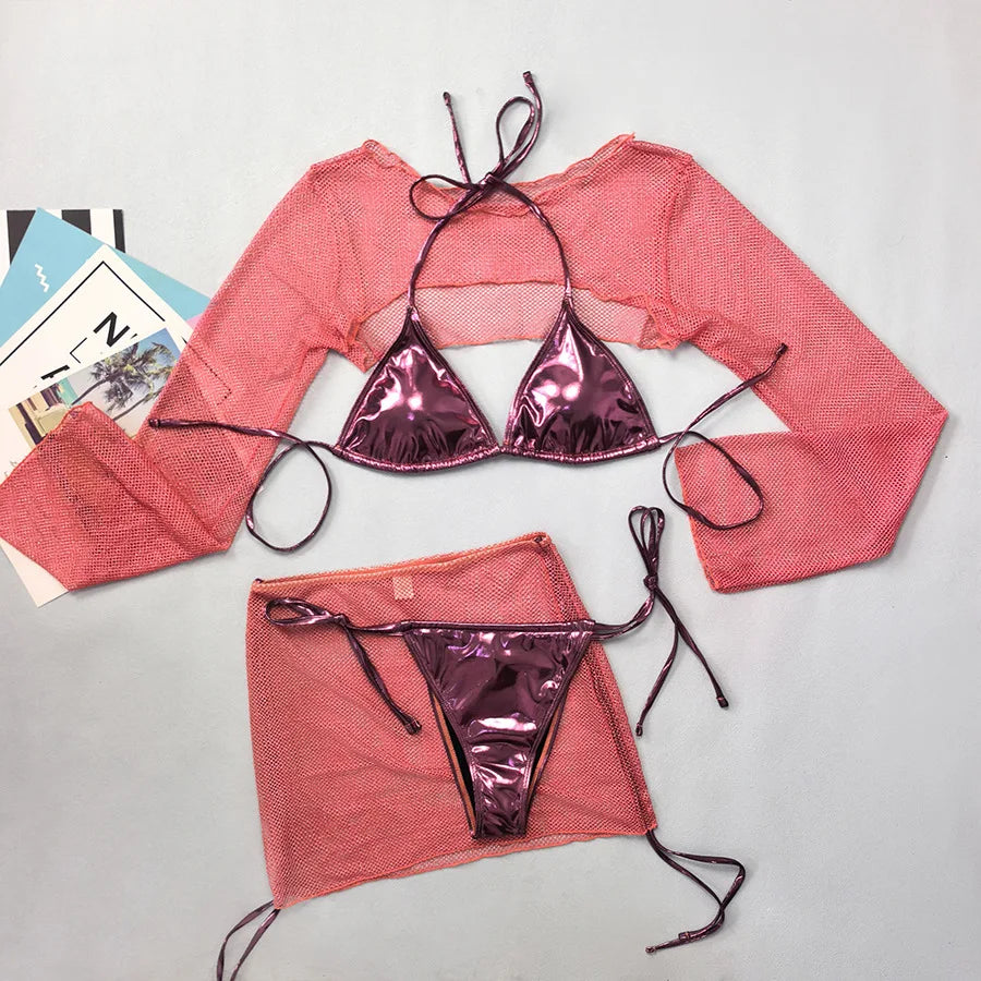 Women Metallic Glitter Pink Gold Micro Mini String Bikini Sets 4 Pieces with Mesh Cover Tops and Mini Skirt Swimsuit Biquini