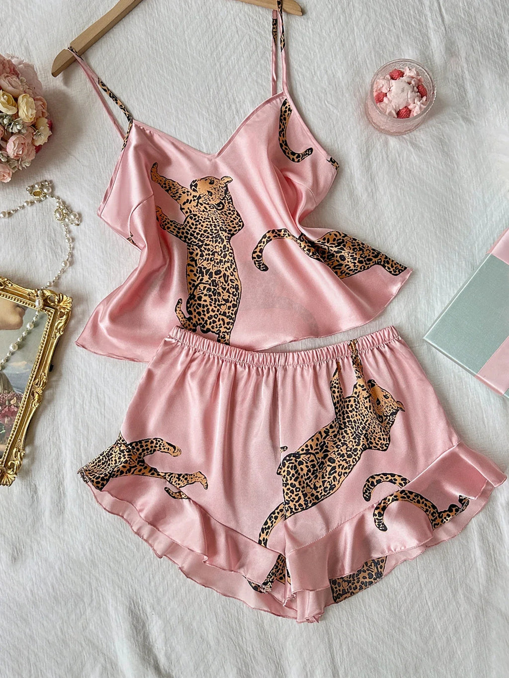 Summer 2-pieces Pink Leopard Printed Pajamas Set for Women Sexy Ice Silk Stain Sleepwear Casual Crop Tops and Shorts Lounge
