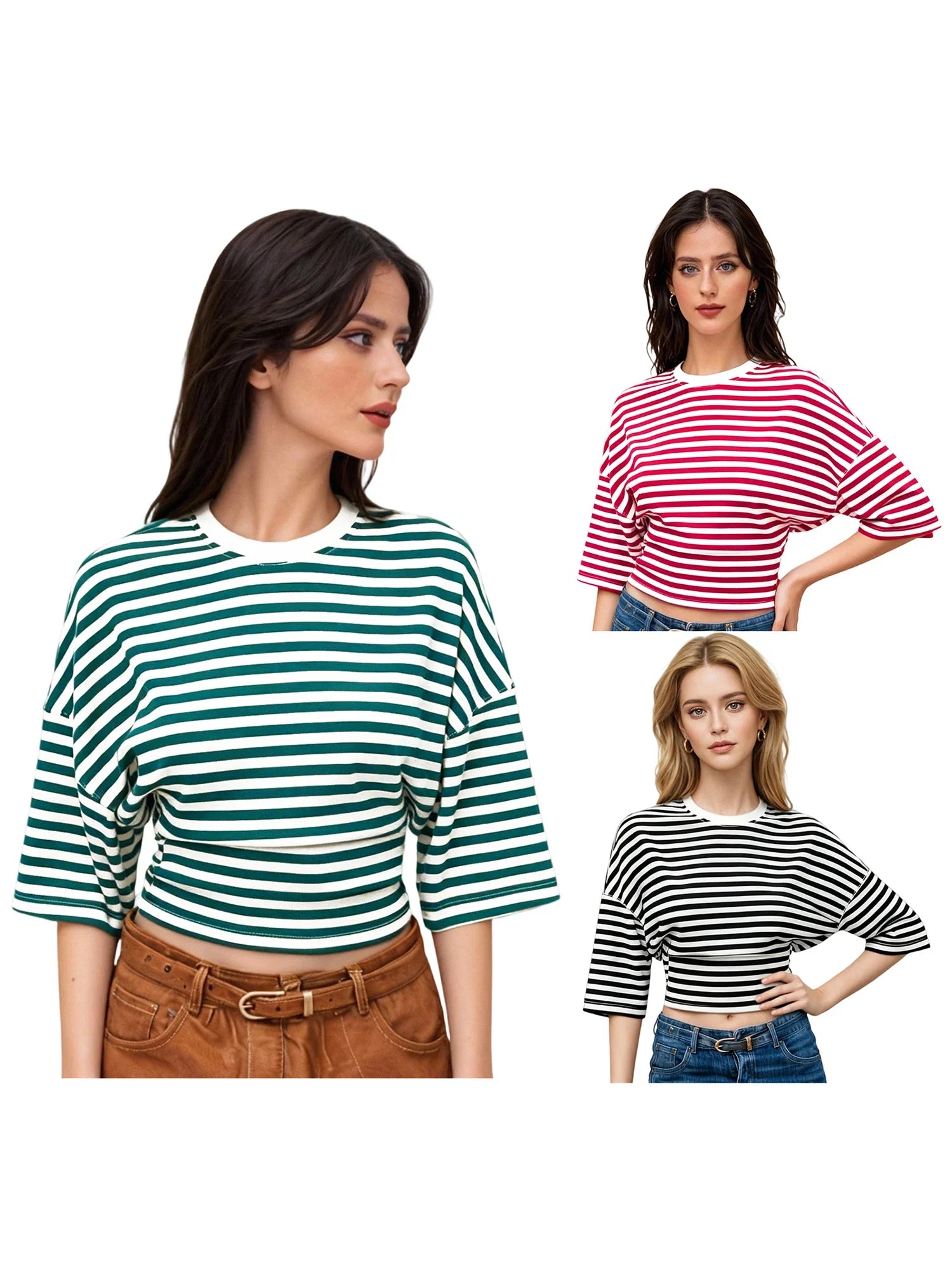 Women Summer Fashion Casual Elbow Sleeve T-Shirts Stripe Cinched Waist Crew Neck Tops Streetwear