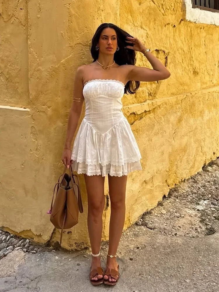 White Lace Dress Women Strapless Sleeveless Short Summer Dress Corset Cotton Mini Beach Casual Vestidos Party Dress 2025