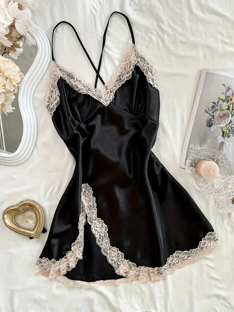 V-neck Lace Camisole Nightgown Hot Backless Sexy Women Sleepwear Short Silk Sleep Shirts Elegant Pajamas Lingerie Night Dress