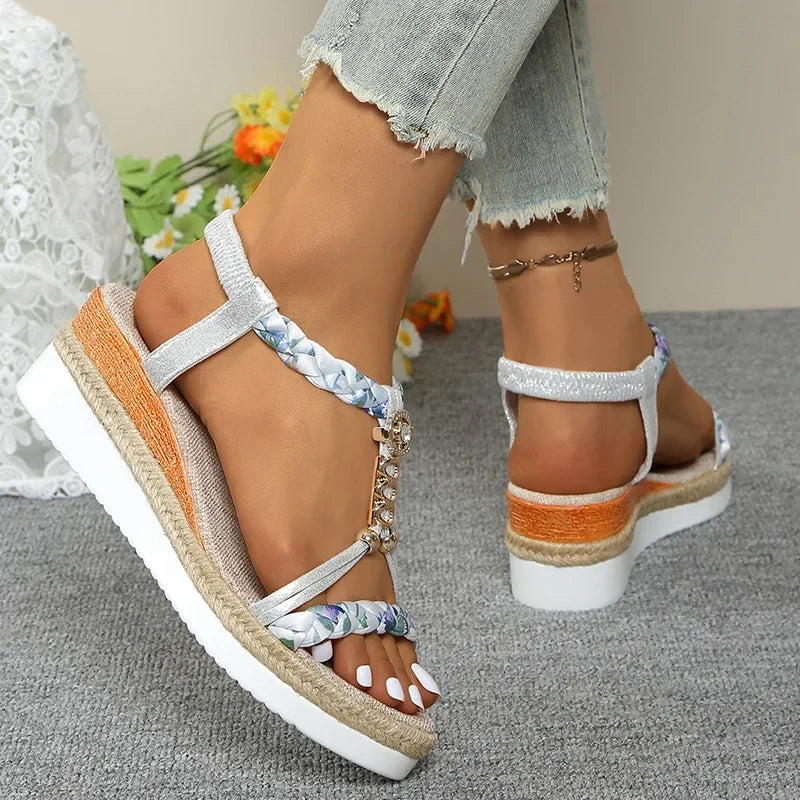 Fashion T-Strap Platform Sandals for Women New Mix Color Elastic Band Wedge Sandals Woman Summer Daily Open Toe Sandalias Female