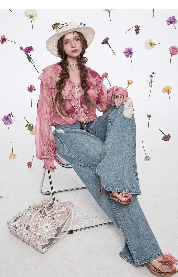 Ladies French ruffled chiffon shirt spring new temperament top