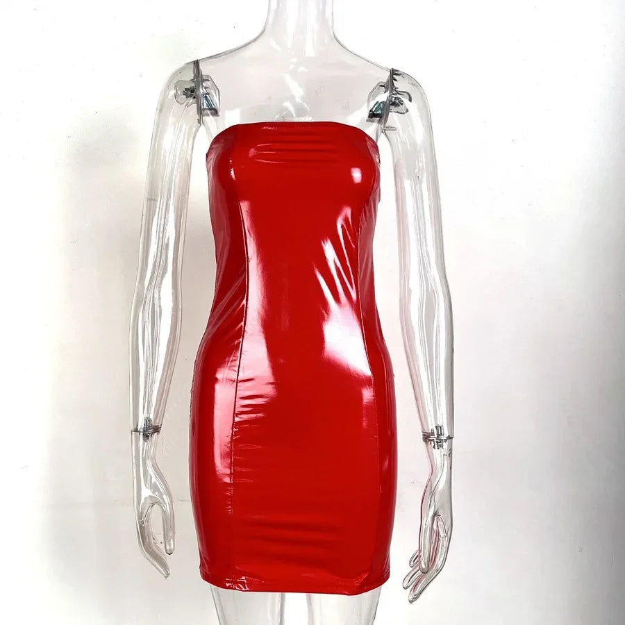 Glossy Leather Tube Top Mini Dress Women Fashion Sexy Backless Package Hip Slim Sleeveless Short Dresses Hot Girl Streetwear