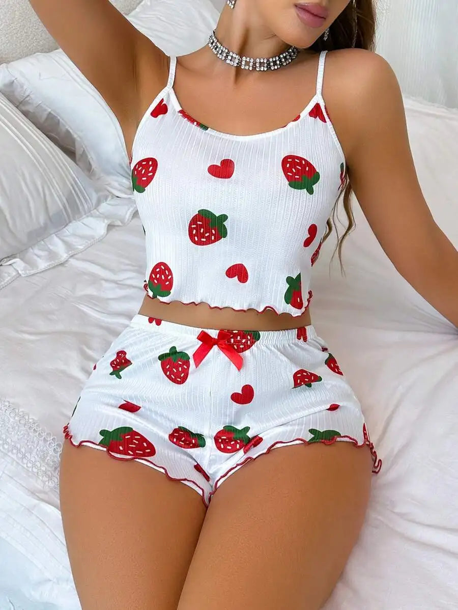 Summer Strawberry Print 2PCS Pajama Set Women's Casual Sleepwear Suspender Crop Tops and Shorts Comfortable Home Wear