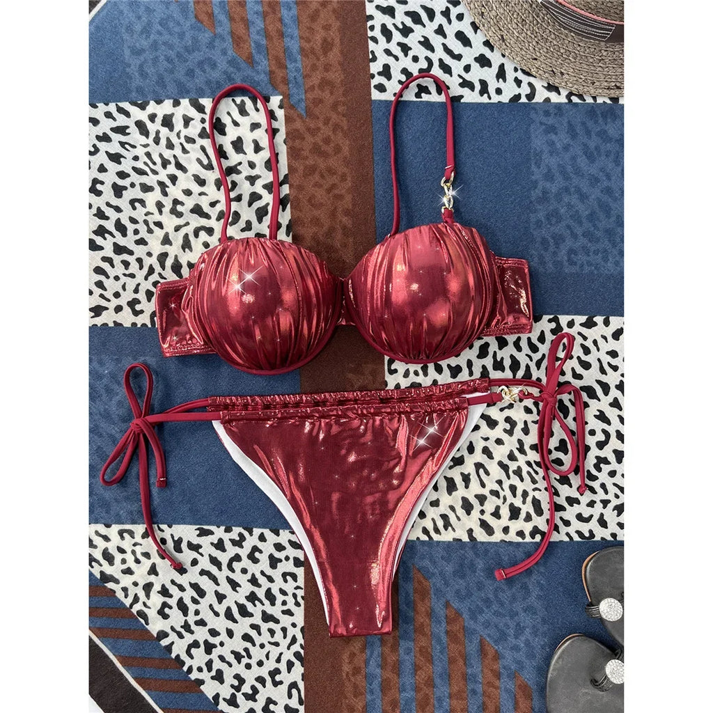 PU Faux Leather Underwired With Bra Cup Bikini Women Swimwear Female Swimsuit Two-Pieces Bikini Set Bather Bathing Suit V5221