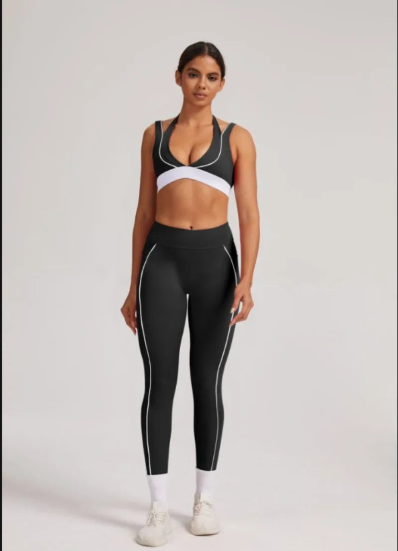 Women's Yoga Sets Sports Fitness V-Neck Halter Sports Bra Color-Block Hip-lifting Pants Suits Running Training Workout Gym Sets
