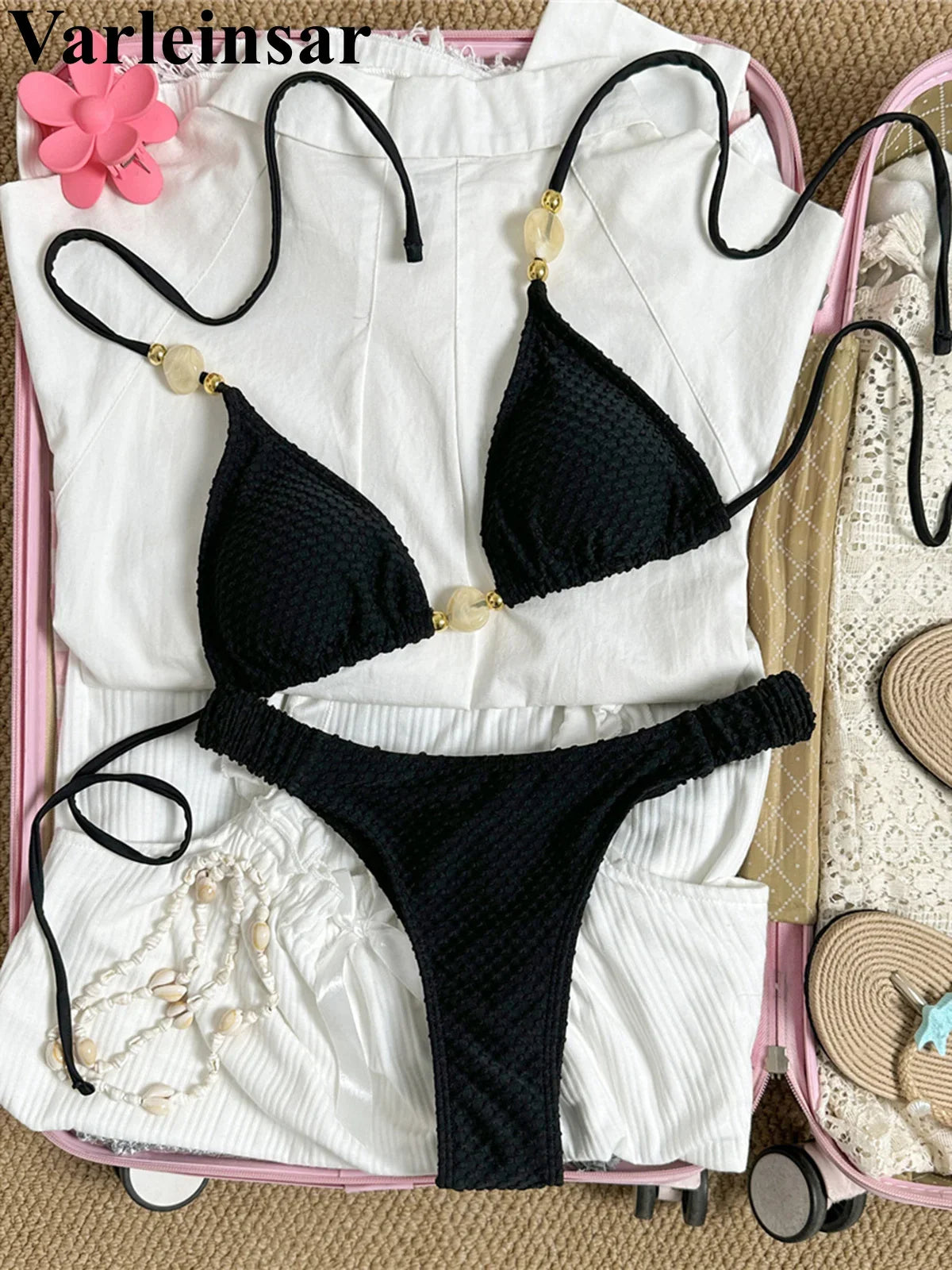 Wrinkled Crinkled Halter Bikini Female Swimsuit Women Swimwear Two-pieces Bikini set Brazilian Bather Bathing Suit Swim V8134