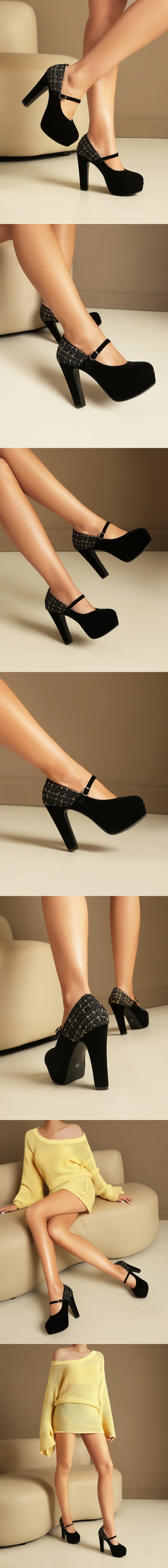 Sexy Black Faux Suede Double Buckle Straps Platform Mary Jane Pumps High Heels Wedding Club Daily Dress Shoes Women Plus Size 48
