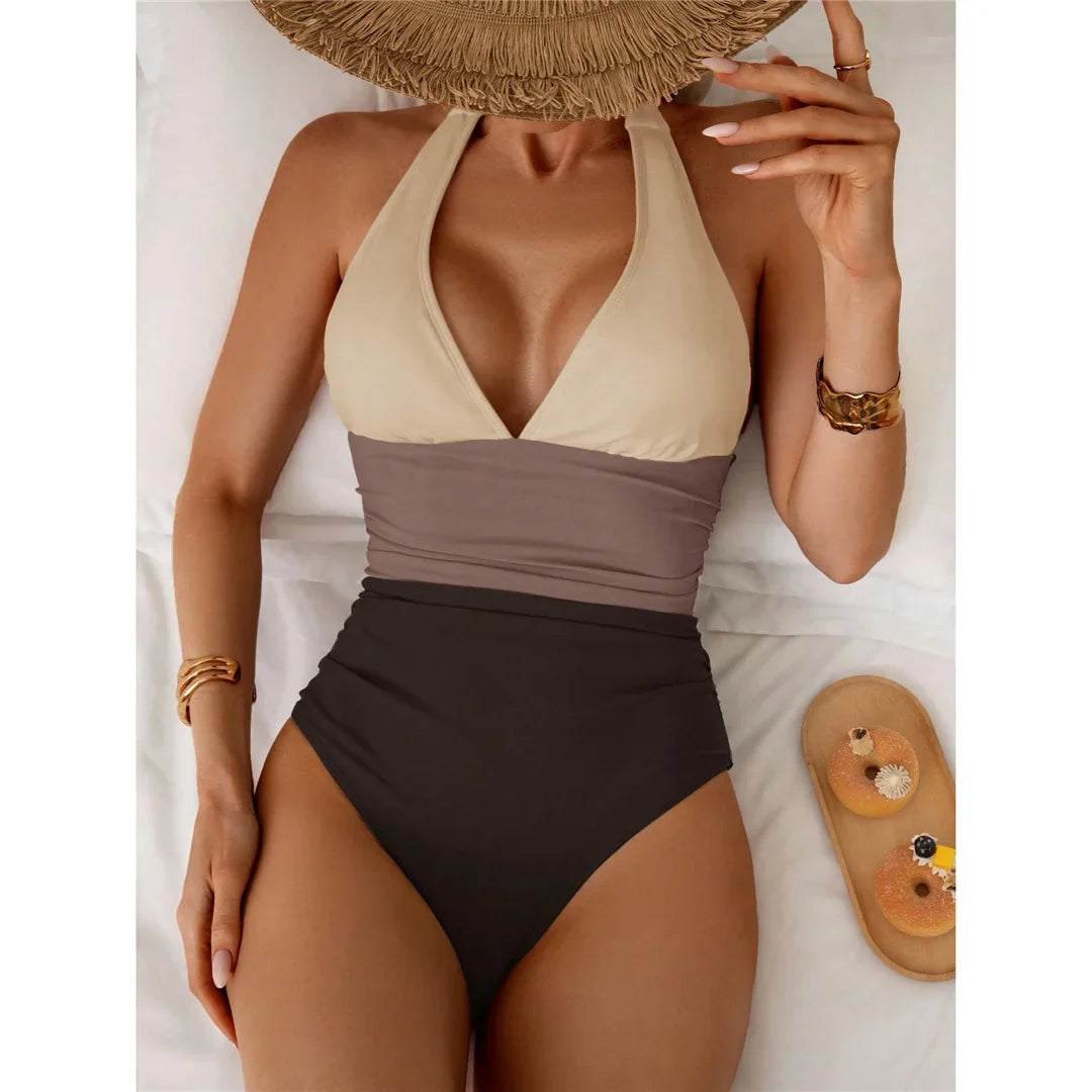 S - XL Splicing V Neck Backless Halter Women Swimwear One Piece Swimsuit Female Monokini Padded Bather Bathing Suit Swim V7559