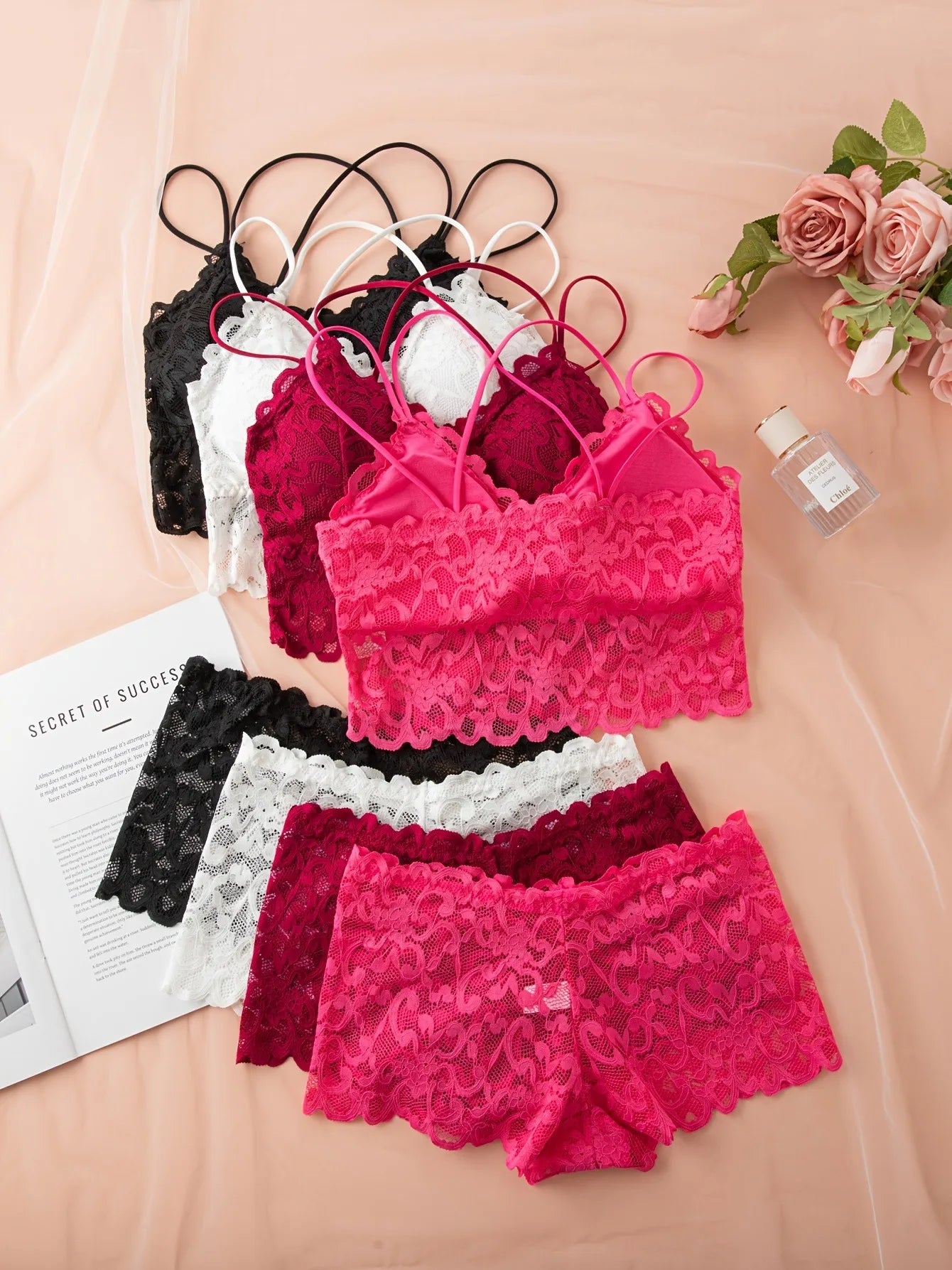 Women Lace Underwear Set Bralette Low Rise Panties Nonwire Padded Bra Solid Color Female Sexy Lingerie Comfort Intimates