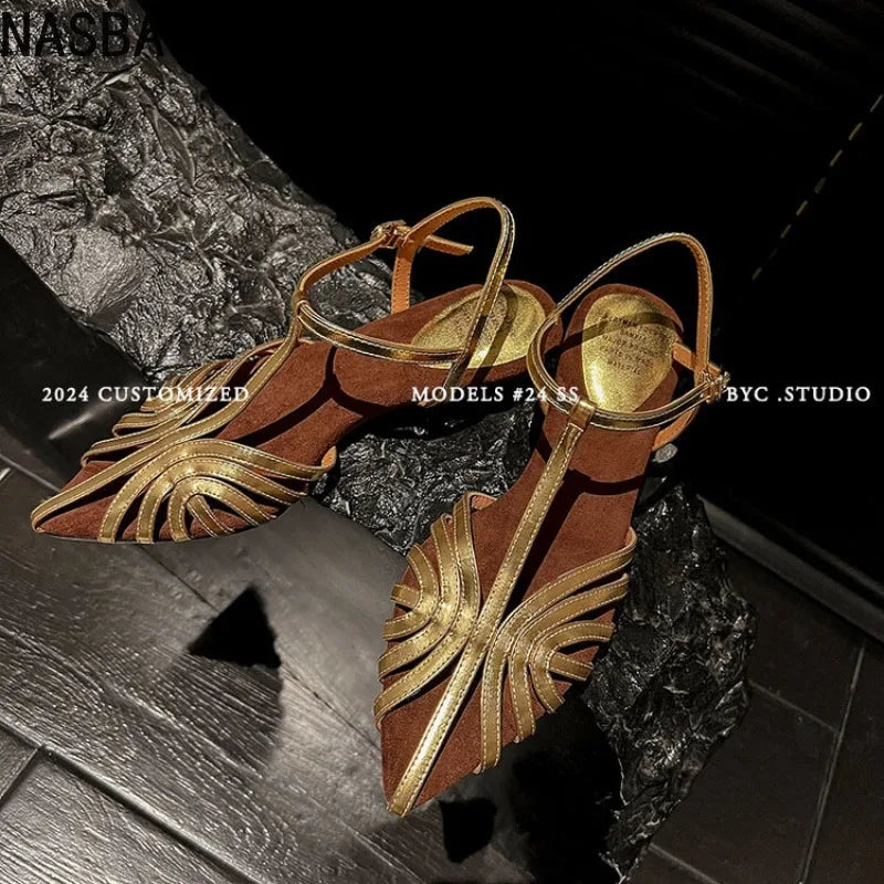 NASBAVI Designer Sandals Women Shoes Narrow Band Sexy Sandals Kitten Heels Pointed Toe Ladies Concise Footwear Summer Red Shoes
