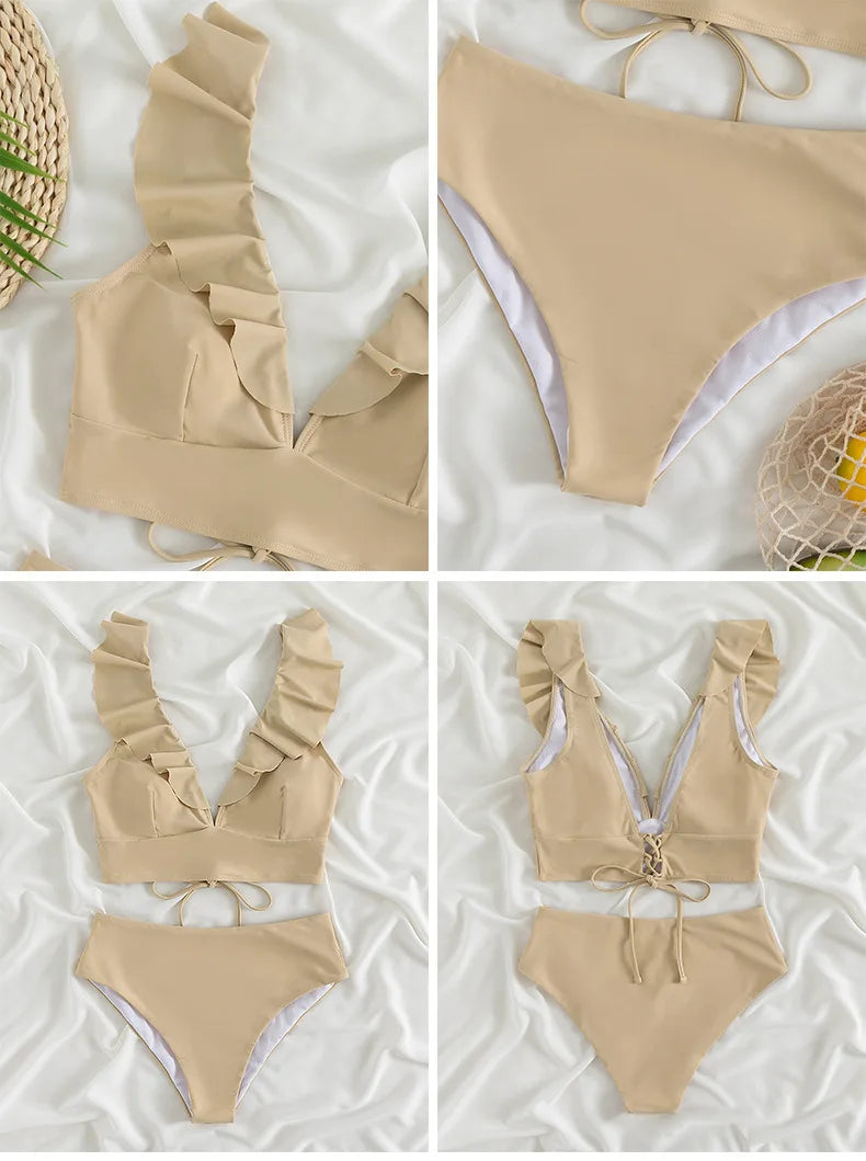 Solid Color Sexy V-neck Ruffle Bikini 2026 Women 2 Piece Swimwear Push Up Padded High Waist Swimsuit Summer Beach Bathing Suit