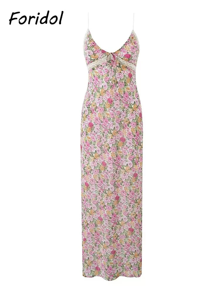 Lace Decoration Pink Floral Maxi Long Sundress Women's Dress 2025 Spaghetti Strap V Neck Smocked Boho Straight Boho Dress