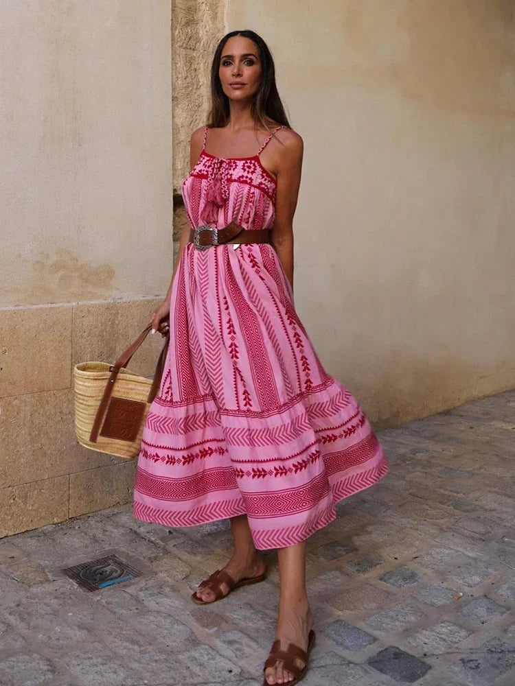 Foridol Crochet Bohemian Summer Dress for Women Spaghetti Strap Red Vintage Tassel Beach Dress Maxi Long Casual Sundress Autumn