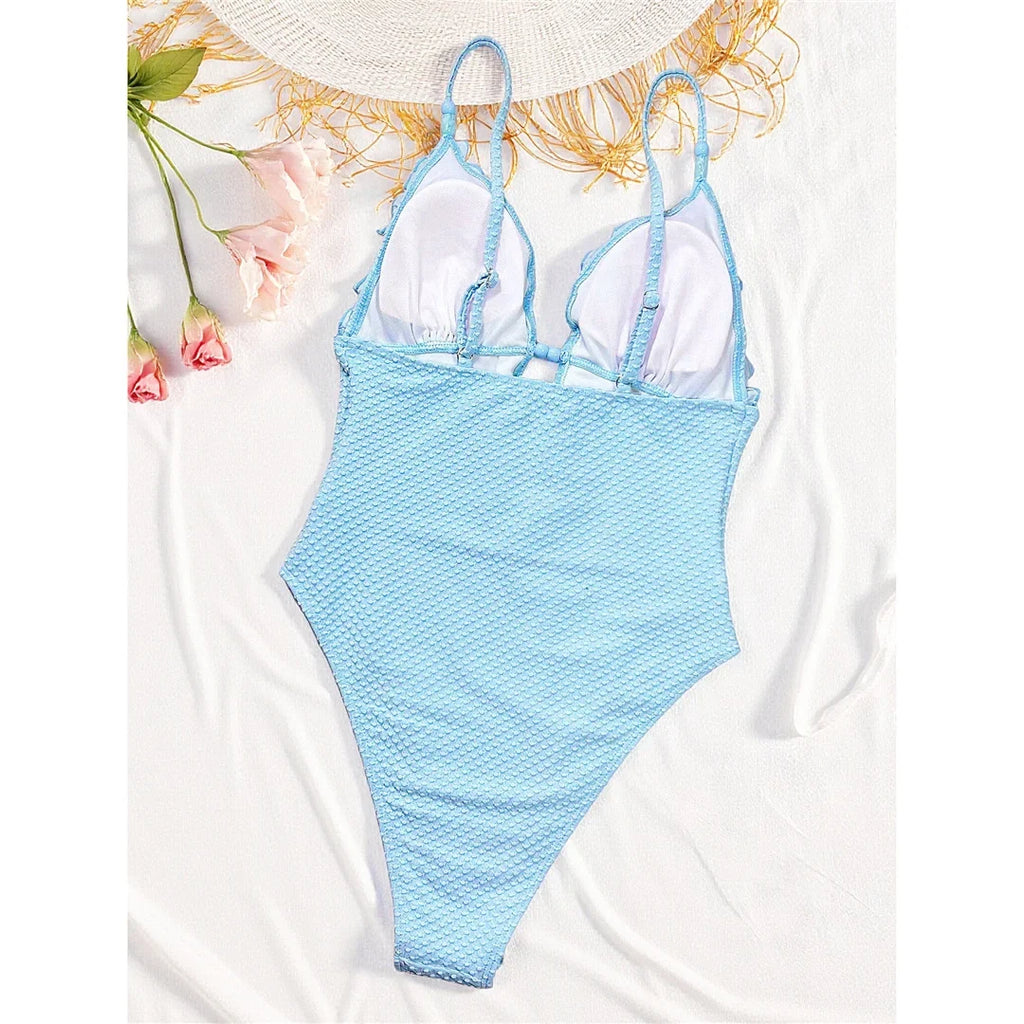 Deep V Neck Frilled Ruffled Halter Women Swimwear Monokini High Leg Cut Bather Bathing Suit Swim One Piece Swimsuit Female K8055