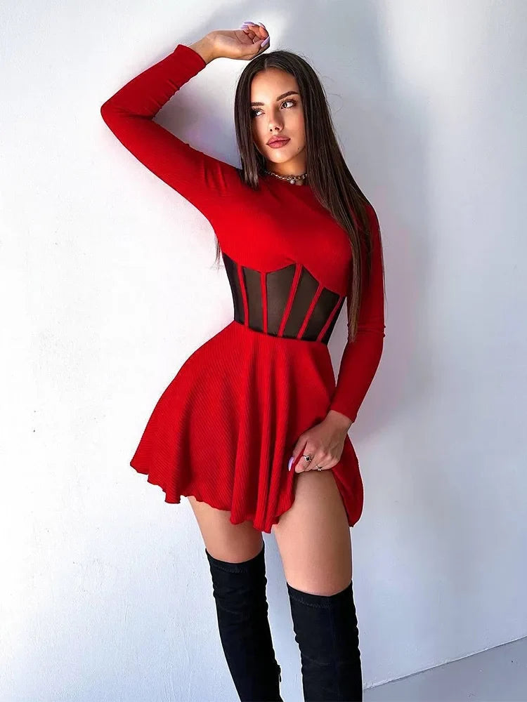 FDYOUI 2026 Sexy Mesh Patchwork A-line Short Dress Streetwear Women's O-neck Long Sleeve High Waist Tuncs Party Club Dresses