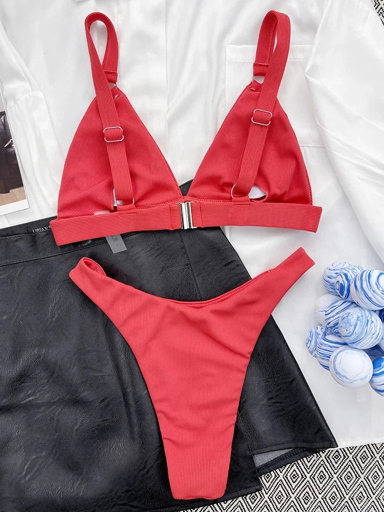 Ribbed Triangle High Cut Bikini Women Swimsuit Female Thong Swimwear Two Pieces Bikini Set Rings Bather Bathing Suit Swim Lady
