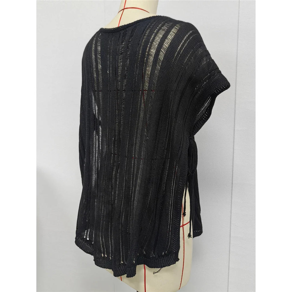 2026 New Short Sleeve V Neck Crochet Knitted Tunic Beach Cover Up Cover-ups Beach Dress Beach Wear Beachwear Female Women V8211
