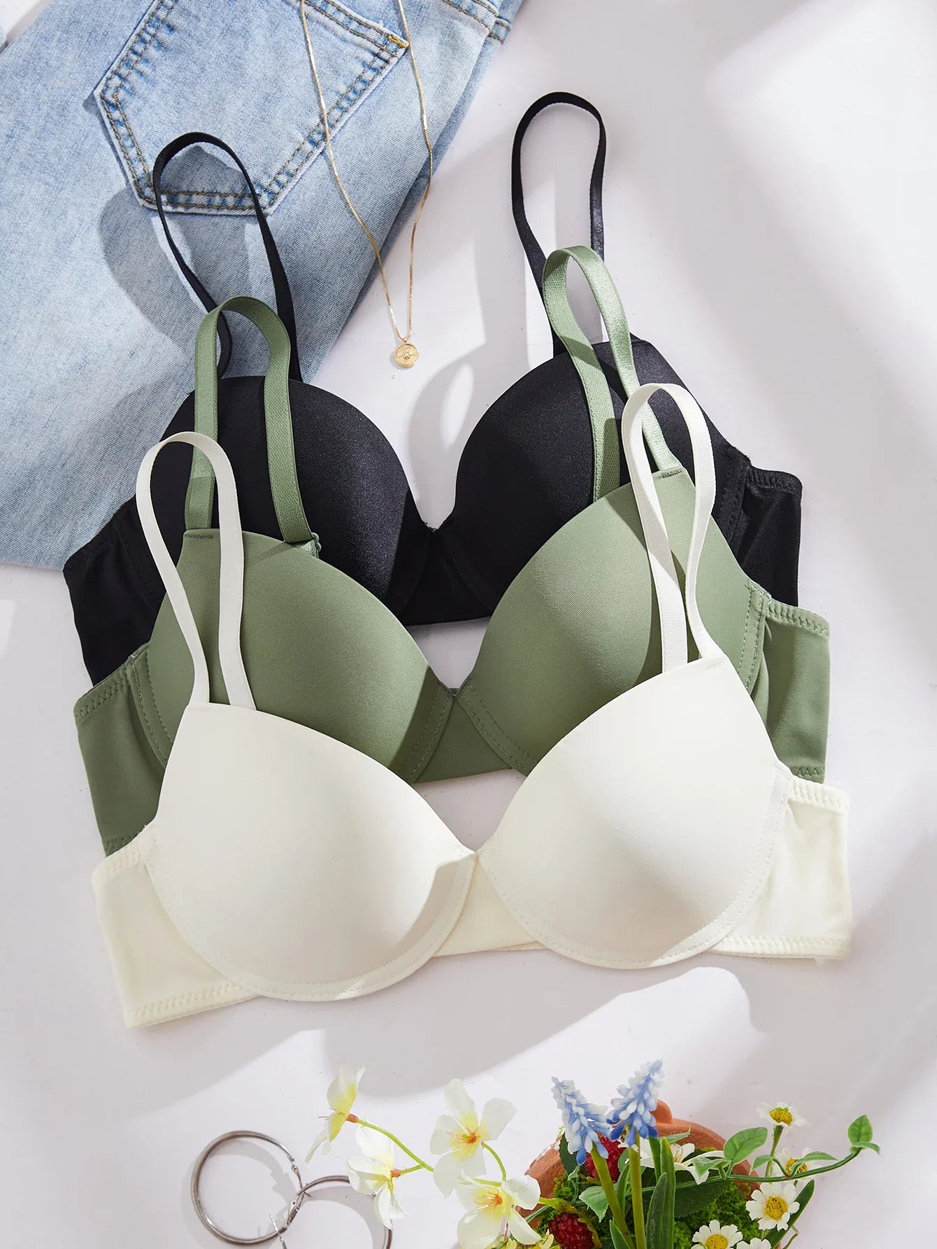 3Pcs Solid Women's Underwear Set Everyday Push up Bra Basic Underwire Bras Supportive and Comfortable Unpadded Women's Bra