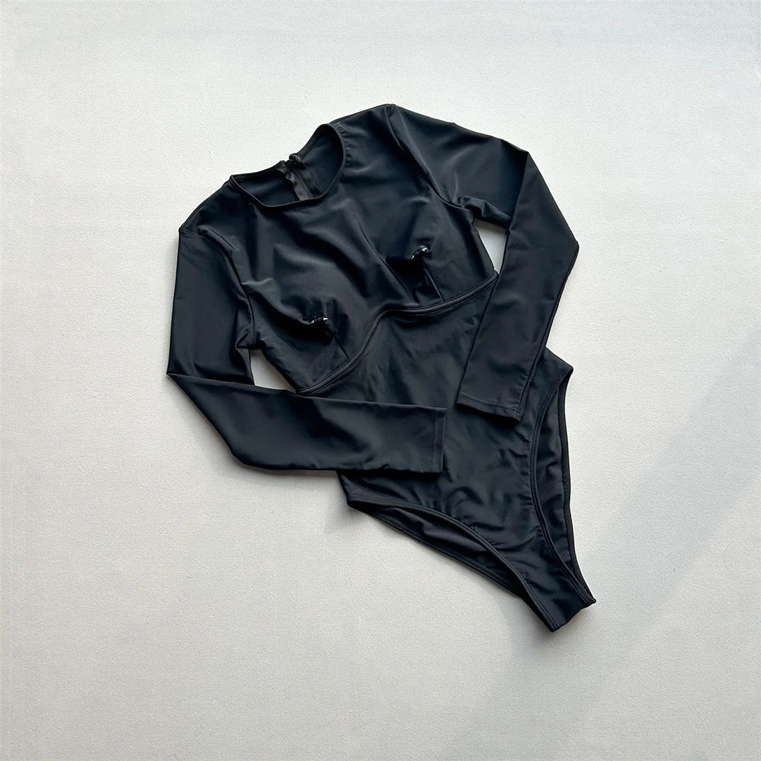 2026 Long Sleeve With Zipper Solid Women Swimwear One Piece Swimsuit Female Padded High Leg Cut Bather Bathing Suit Swim V7752
