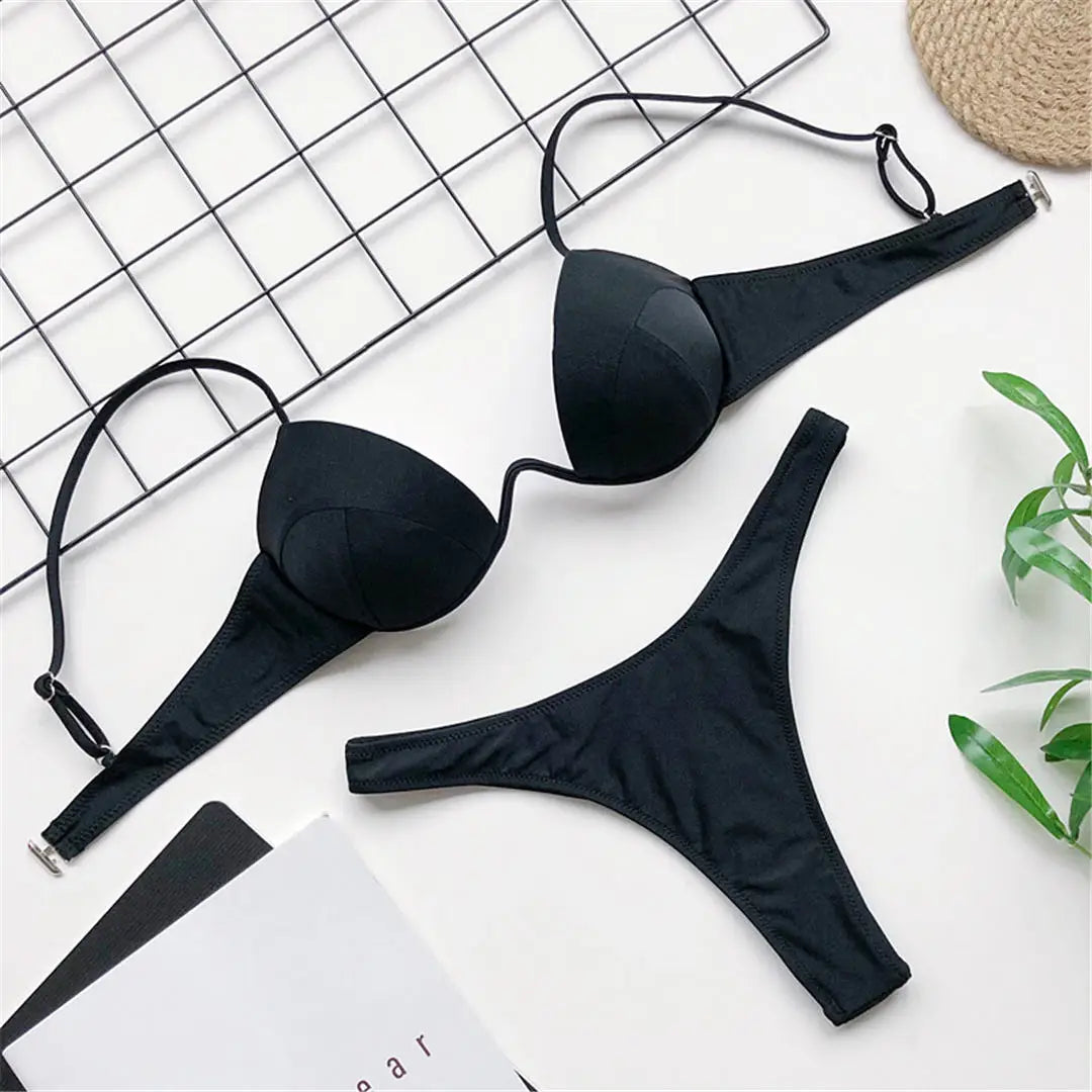 New Sexy V-bar Underwired Bra Push Up Bikini Women Swimwear Female Swimsuit Two-pieces Set V Wire Bather Bathing Suit Swim V1732
