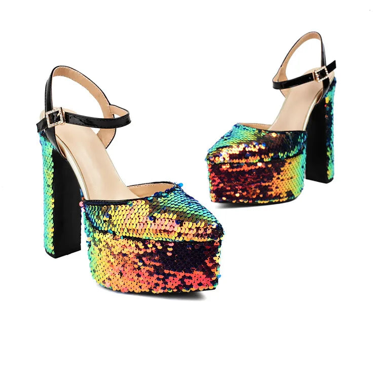 Women Platform Pointed Sandals 15.5CM/6Inch Summer Model Show Sequin Heels Europe and America Nightclub Party Large Size Shoes