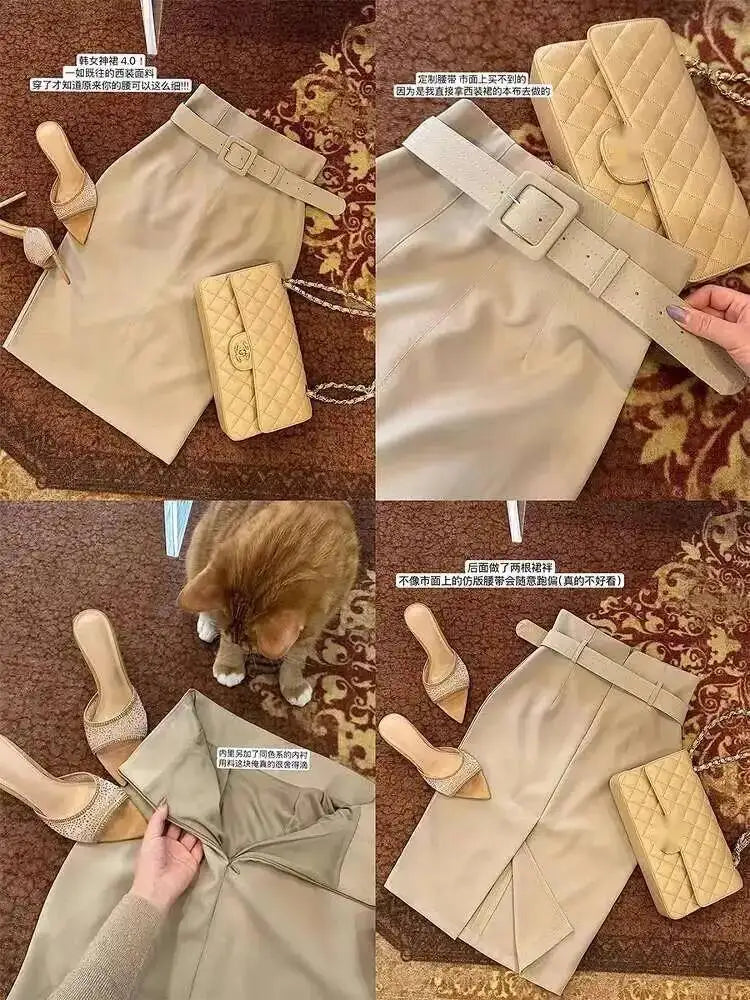 Korean Pure Desire Style Sexy OL High Waist Back Slit Mid Length Skirt Belt School Girl Uniform Fashion Women Mini Skirts UJR8